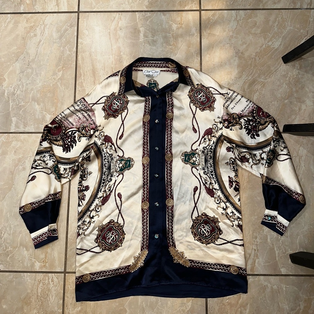 C'est Oui Silk Cream Red and Blue Print Oversized Long Sleeve Blouse Size S